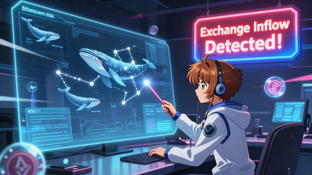 A teen analyst using a glowing wand to trace whale wallet clusters on holographic blockchain maps.