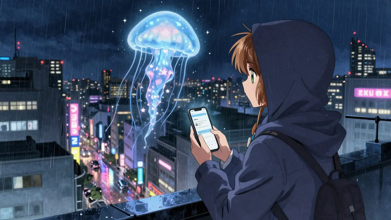 A teenager on a rooftop watches a shimmering Ocean Star jellyfish NFT appear in the night sky above a cyberpunk city.