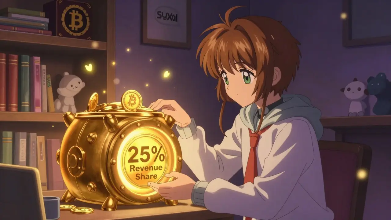 A teenager places XAI tokens into a golden vault as svXAI fireflies glow around them in a cozy, book-filled room.