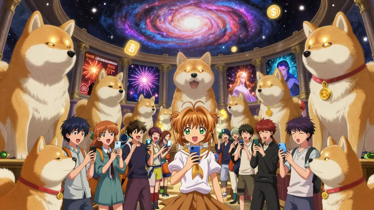 A temple filled with Shiba Inu statues and a joyful crowd watching holographic SHIB tokens multiply from transactions.