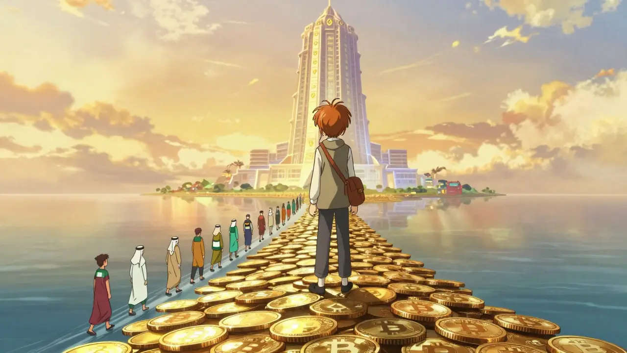 A trader on a bridge of crypto coins looking toward a distant giant exchange, while users from underserved regions cross safely beneath.
