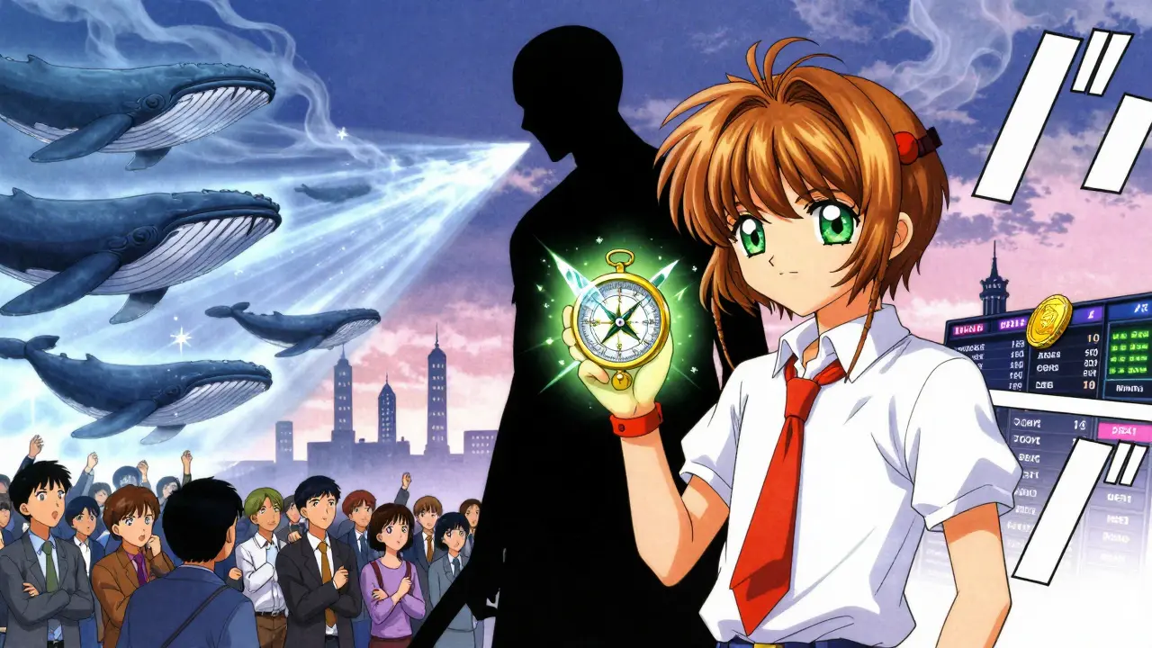 A trader using an RSI compass to reveal fake whale walls dissolving into smoke during a market showdown.