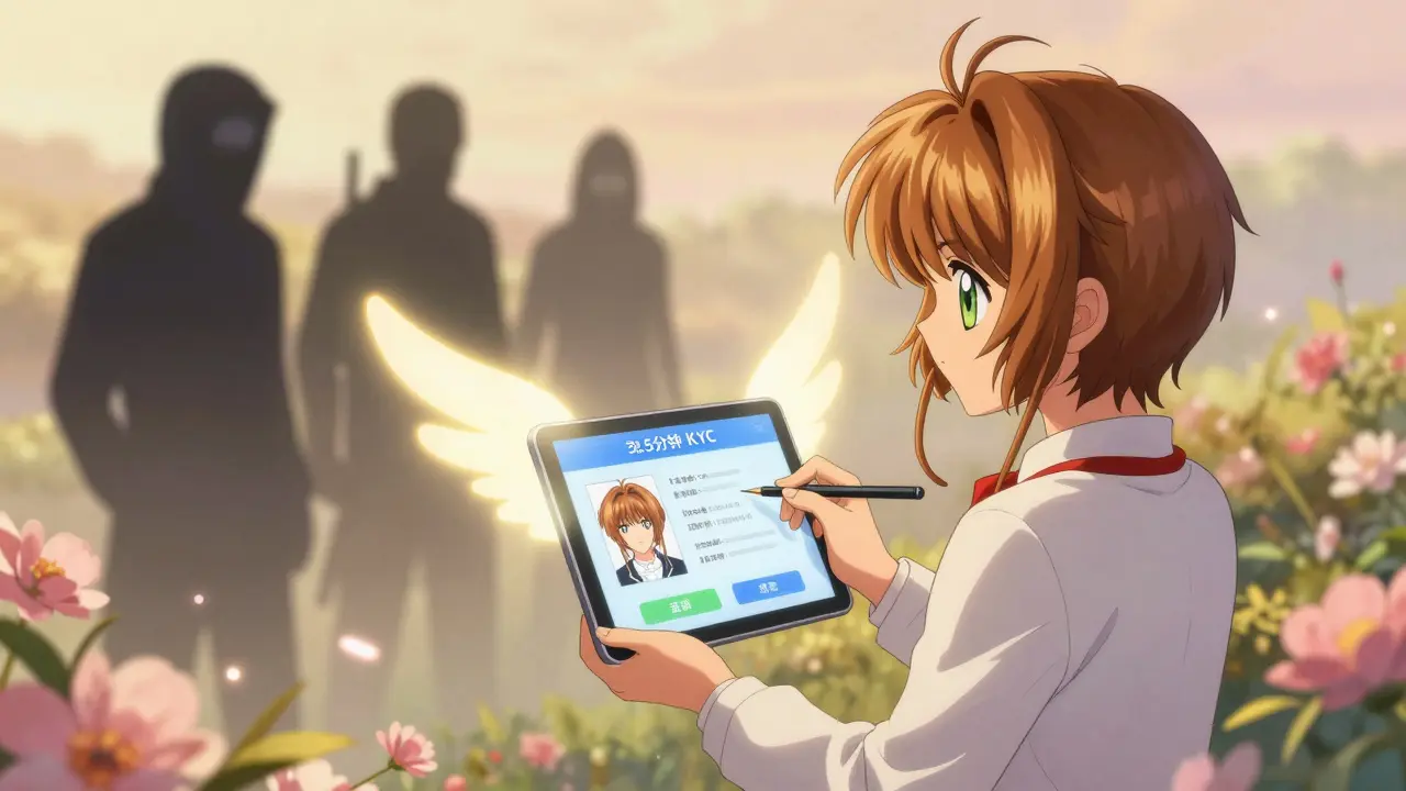 A user completes quick KYC verification as their identity transforms into protective wings of light, while shadowy criminals fade away in mist.