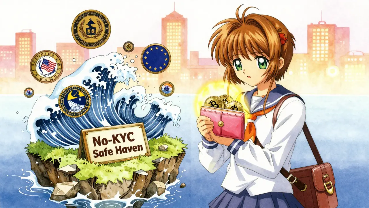 A user stands on a crumbling island labeled 'No-KYC Safe Haven' as official seals crash over it, with regulated exchanges glowing in the distance.