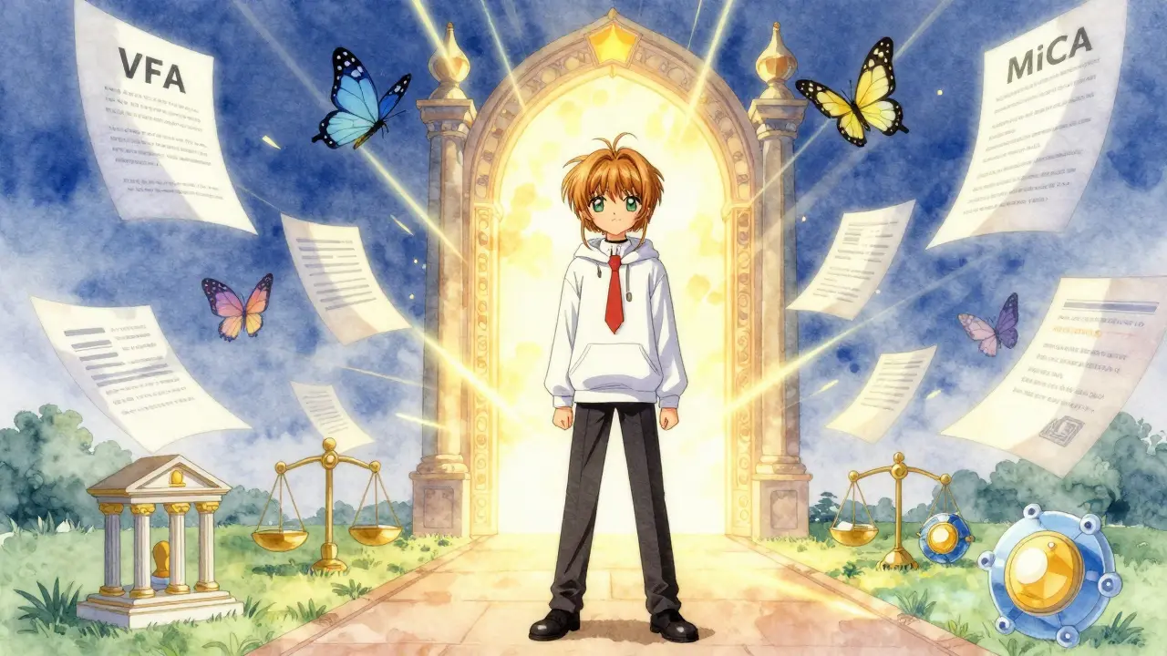 A young entrepreneur stands before a magical regulatory gate, with legal documents turning into butterflies as golden light shines through.