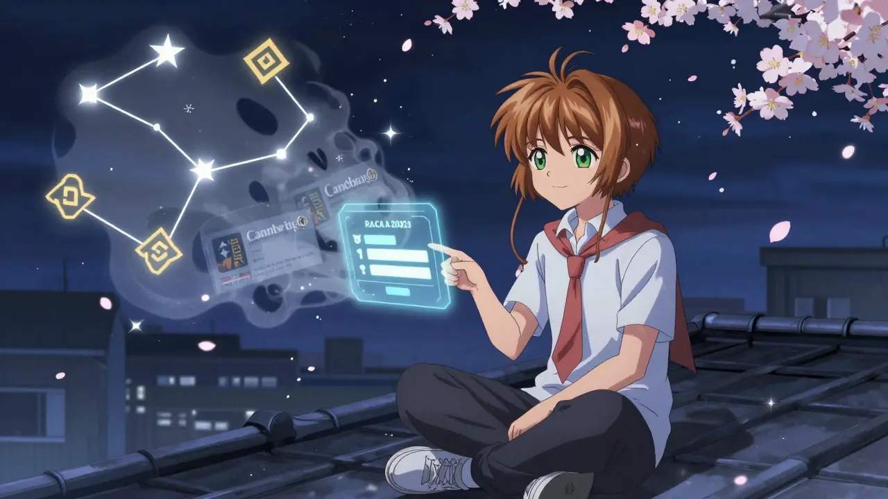 A young person on a rooftop watches a real airdrop hologram as scam websites crumble into ash, under starlit BSC constellations.