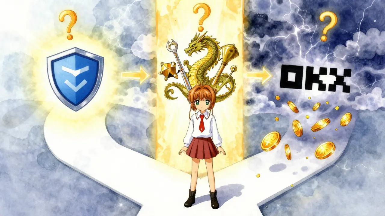 A young trader at a crossroads with three glowing paths representing Coinbase, Kraken, and OKX, surrounded by floating question marks.