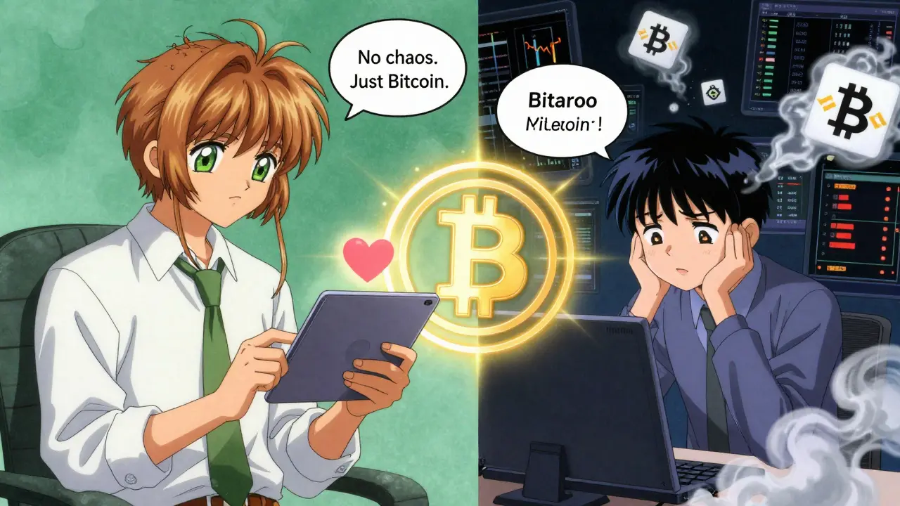 An elderly man receives Bitcoin peacefully while chaotic trading chaos fades away, centered by a glowing Bitaroo seal.