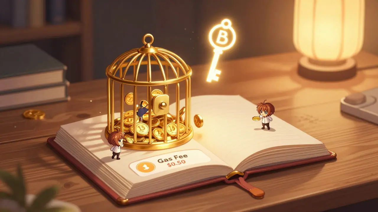 Anime-style wallet book with tiny characters trying to escape a gas fee cage.