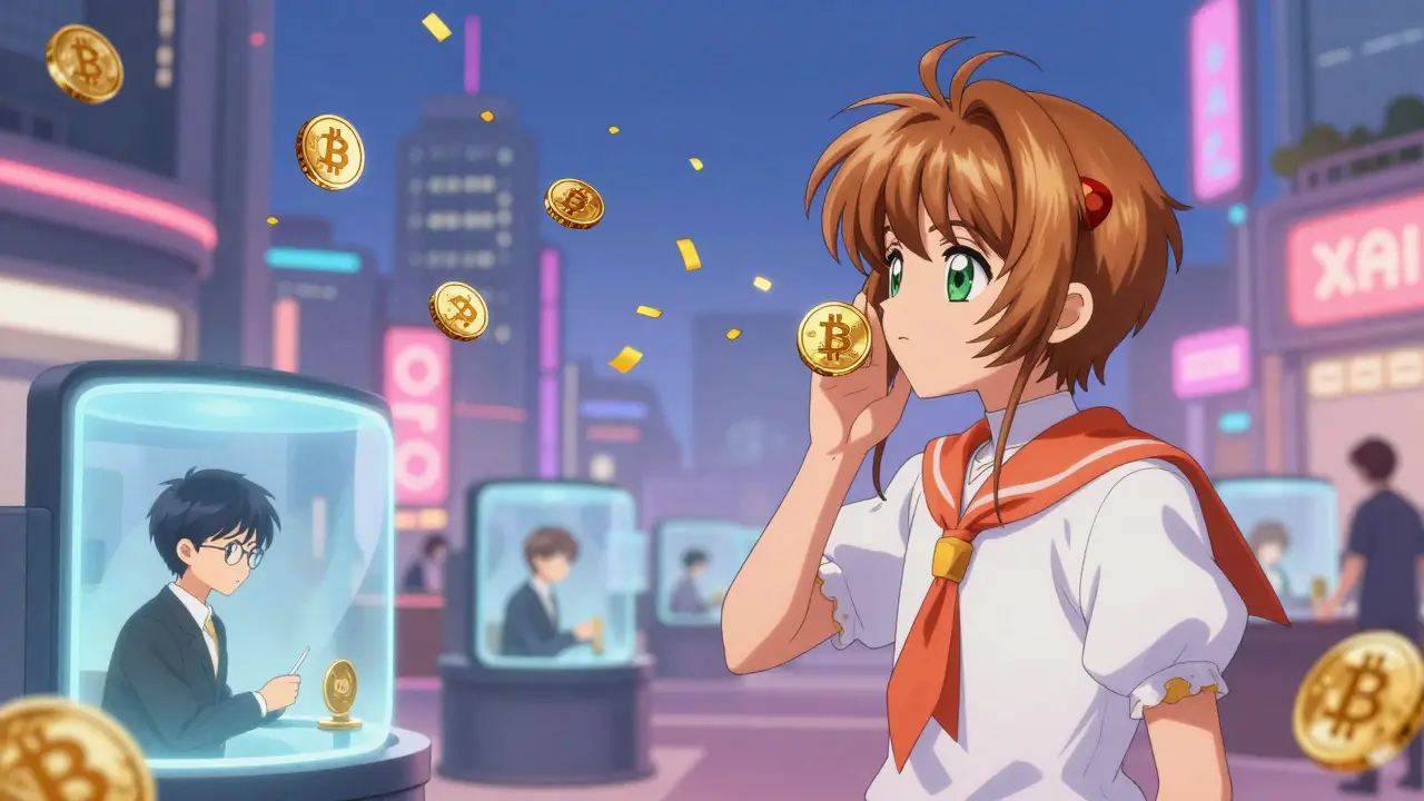 Anonymous users trade crypto through floating portals in a surreal city, with XAI tokens raining down like confetti.