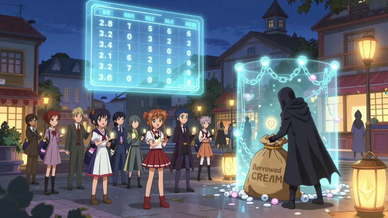 Citizens vote in a digital town square as a shadowy figure tries to sneak in borrowed tokens, blocked by time-locked chains.