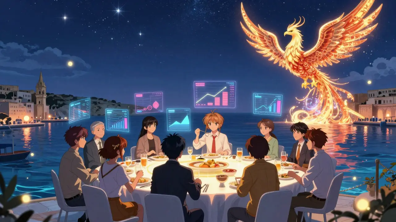Crypto pioneers dine on a floating table as tax graphs swirl like fireflies, with a blockchain phoenix rising from the sea at twilight.