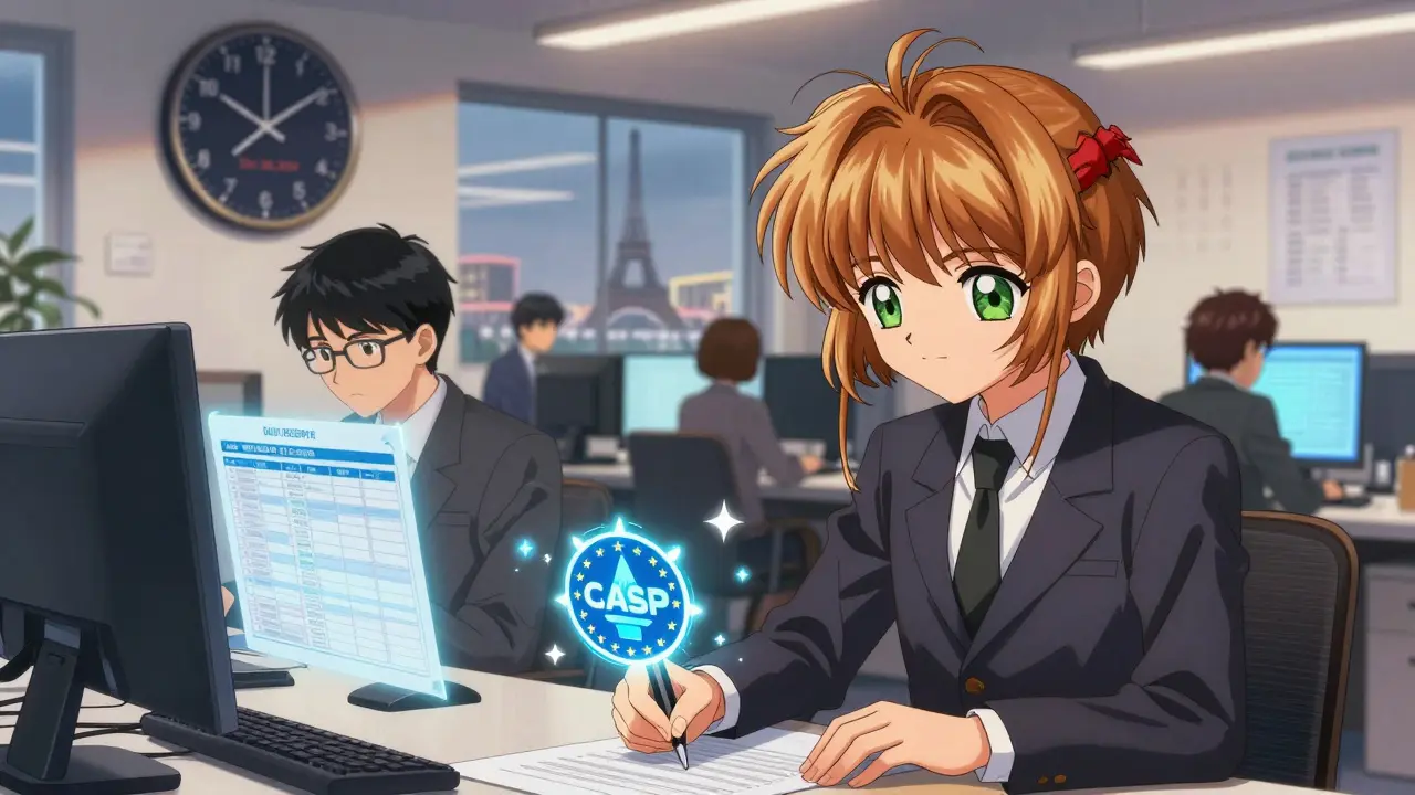 Diverse characters work in a bright EU crypto office, reviewing compliance documents under a ticking deadline clock.