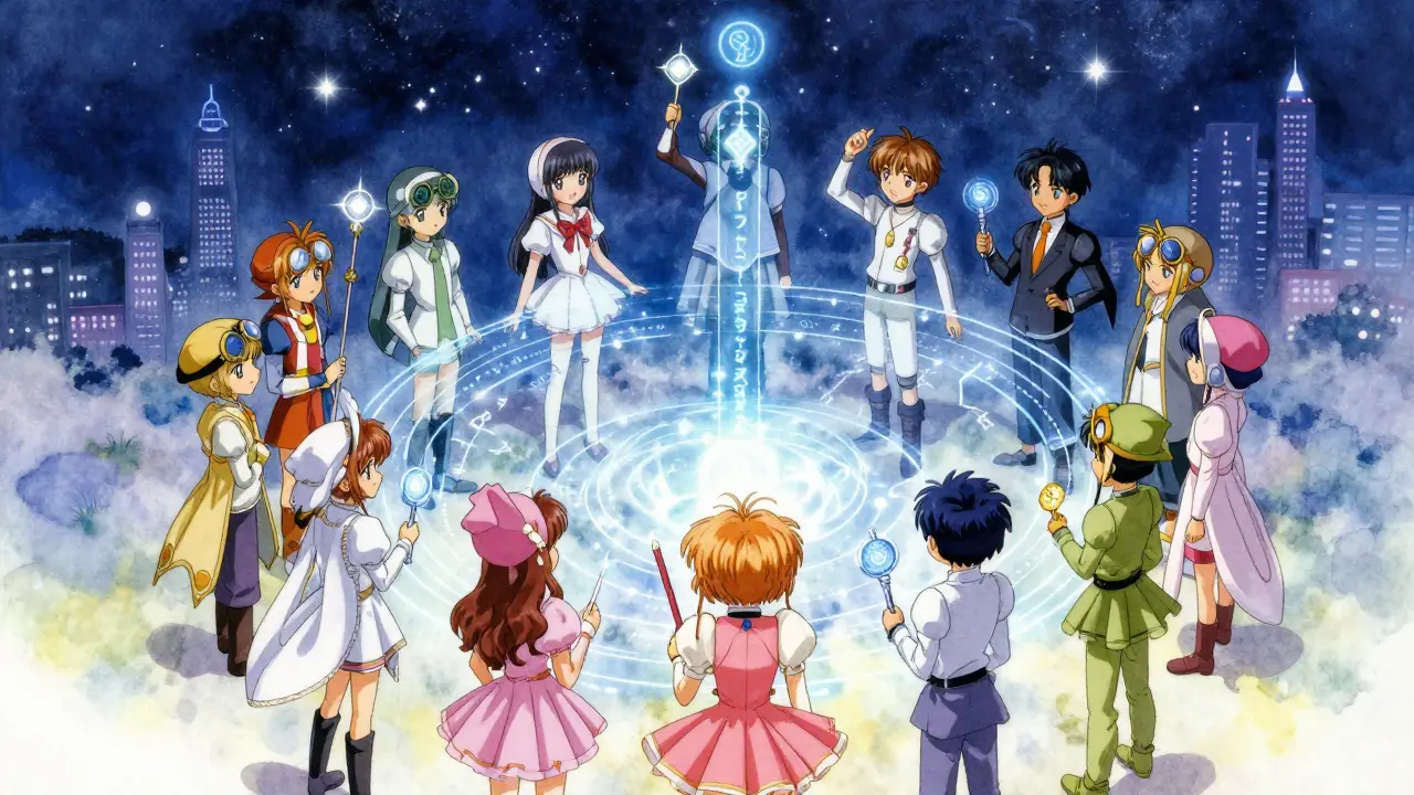 Diverse oracle nodes sign digital runes under a starry sky to verify data.