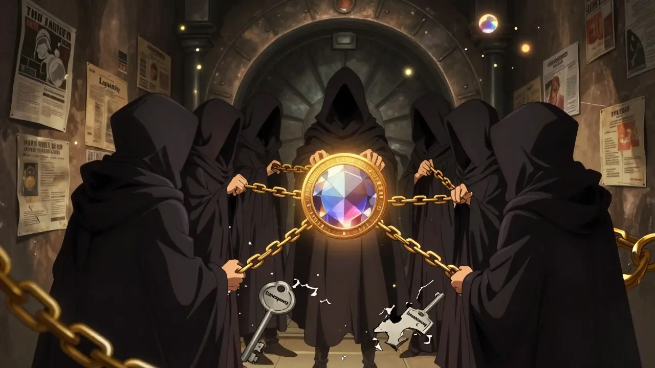 Faceless figures locking chains around a GEMS token in a shadowy vault with broken keys.