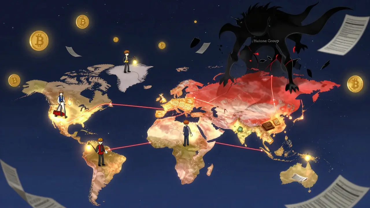 Global crypto laundering routes illuminated by investigators’ lanterns in anime style.