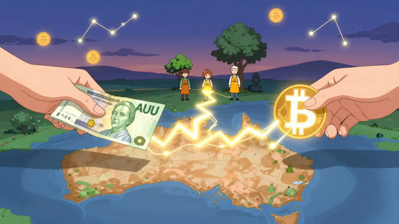 Golden Lightning Network threads connect AUD and Bitcoin symbols over Australia, with founders planting digital trees.