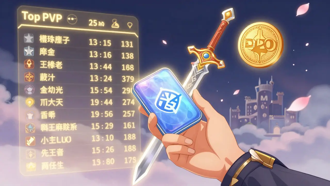 Hand connecting a wallet to a glowing NFT sword, with a PvP leaderboard and cherry blossoms around.