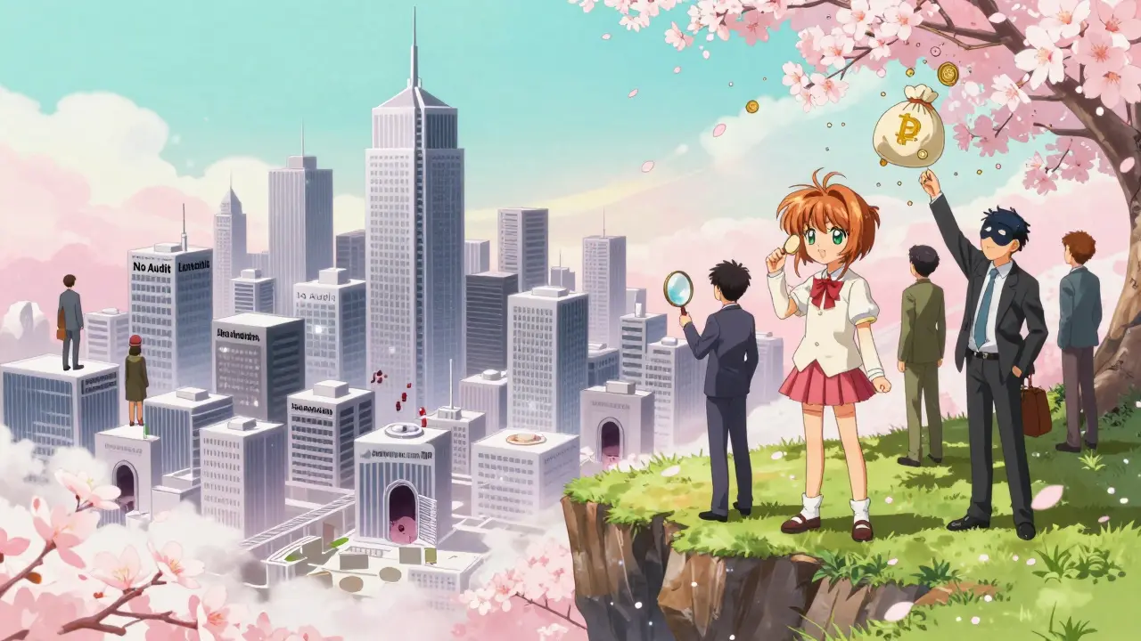 Investors stand above a hollow city of fake crypto projects as a masked influencer drops coins into a vortex.