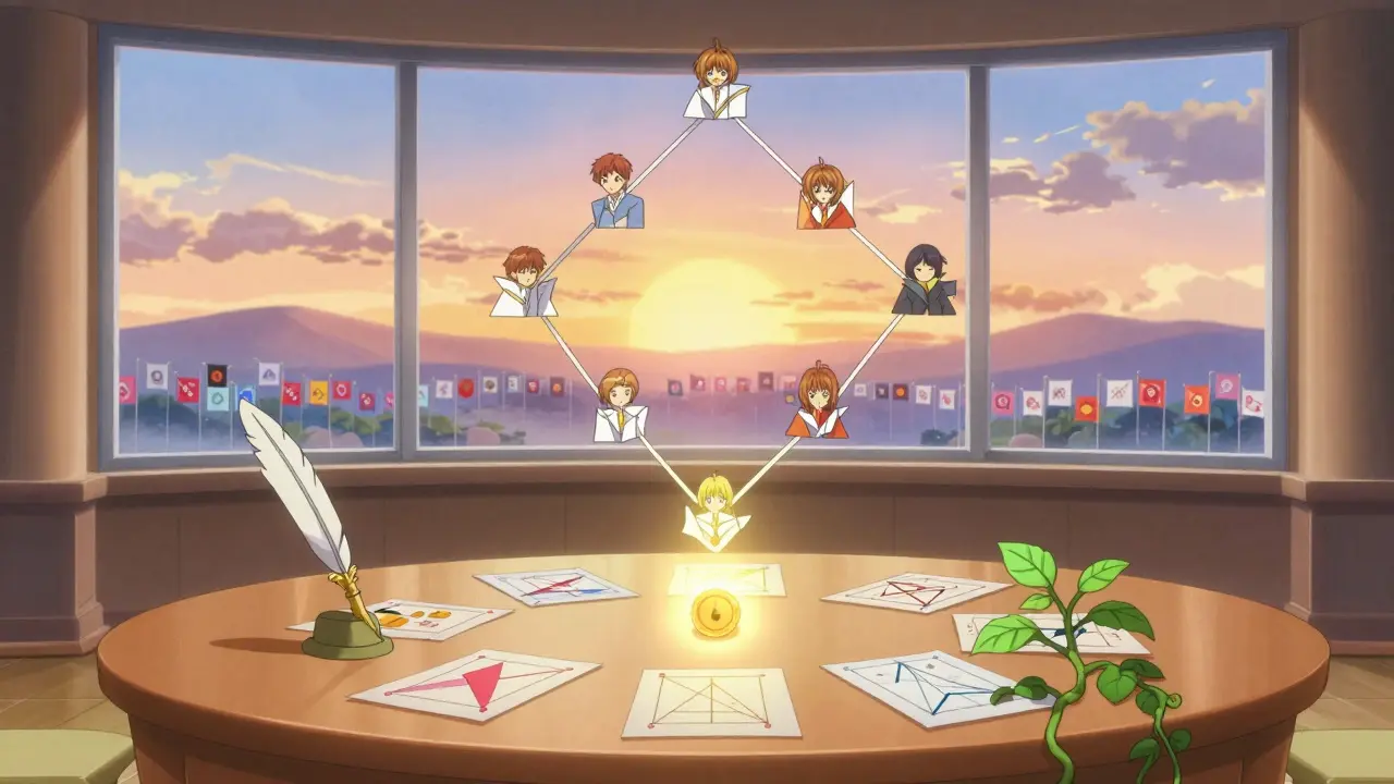 Origami delegates form a constellation above a small glowing token, symbolizing hybrid DAO voting systems at sunrise.