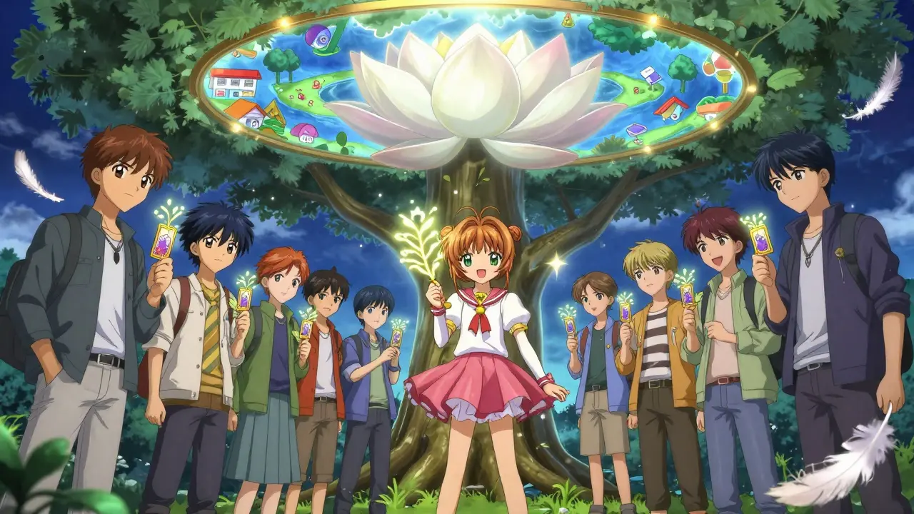 Players gathering under a tree as KNIGHT tokens bloom into branches, with Gamrey Deep portal opening above.