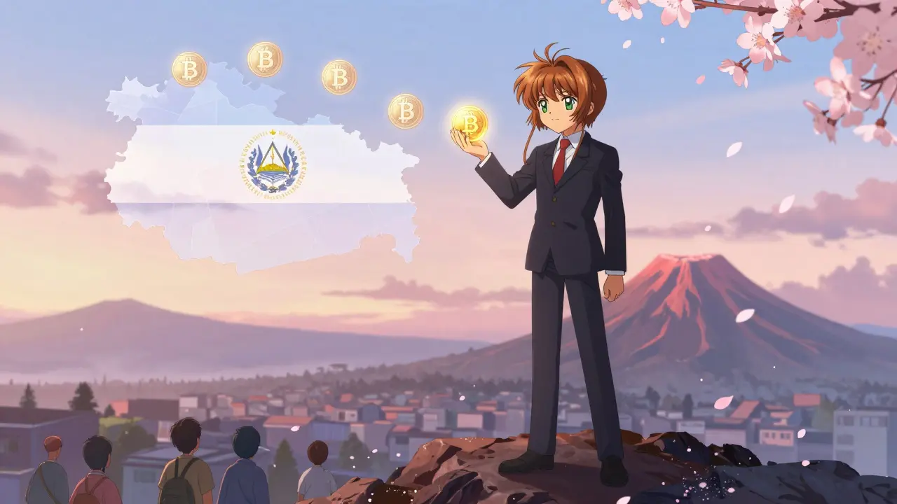 President Bukele on a volcanic ridge holding a glowing Bitcoin coin as dollar symbols turn into cherry blossom petals below.