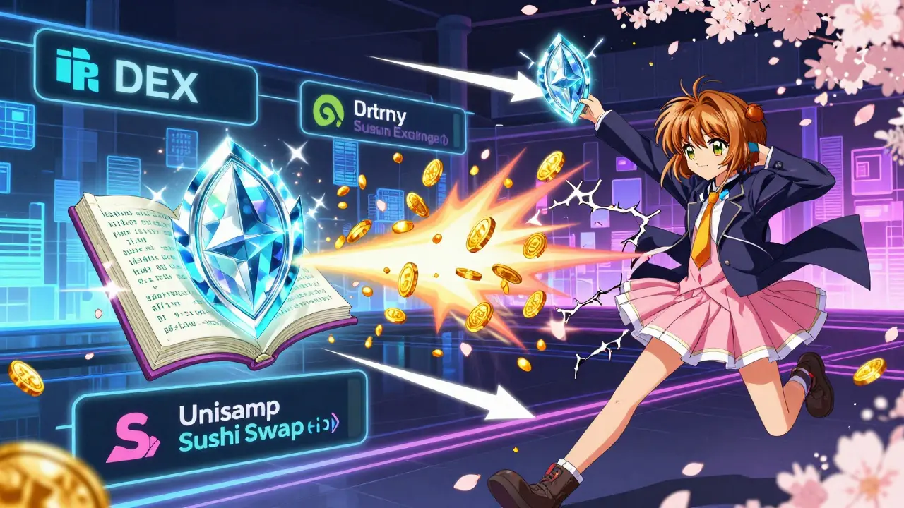 Two traders in a neon digital arena launching ETH tokens between floating exchanges during arbitrage.