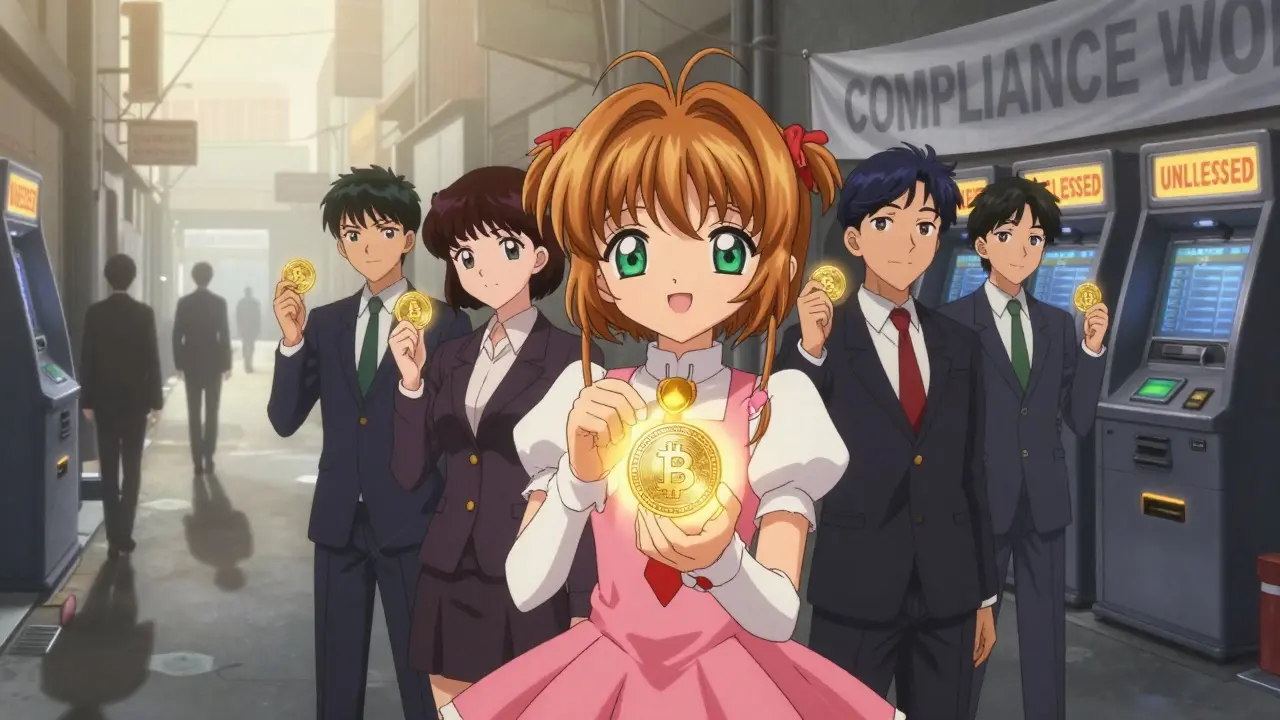 Users holding privacy coins as institutional investors celebrate, while their shadows walk away into fog.