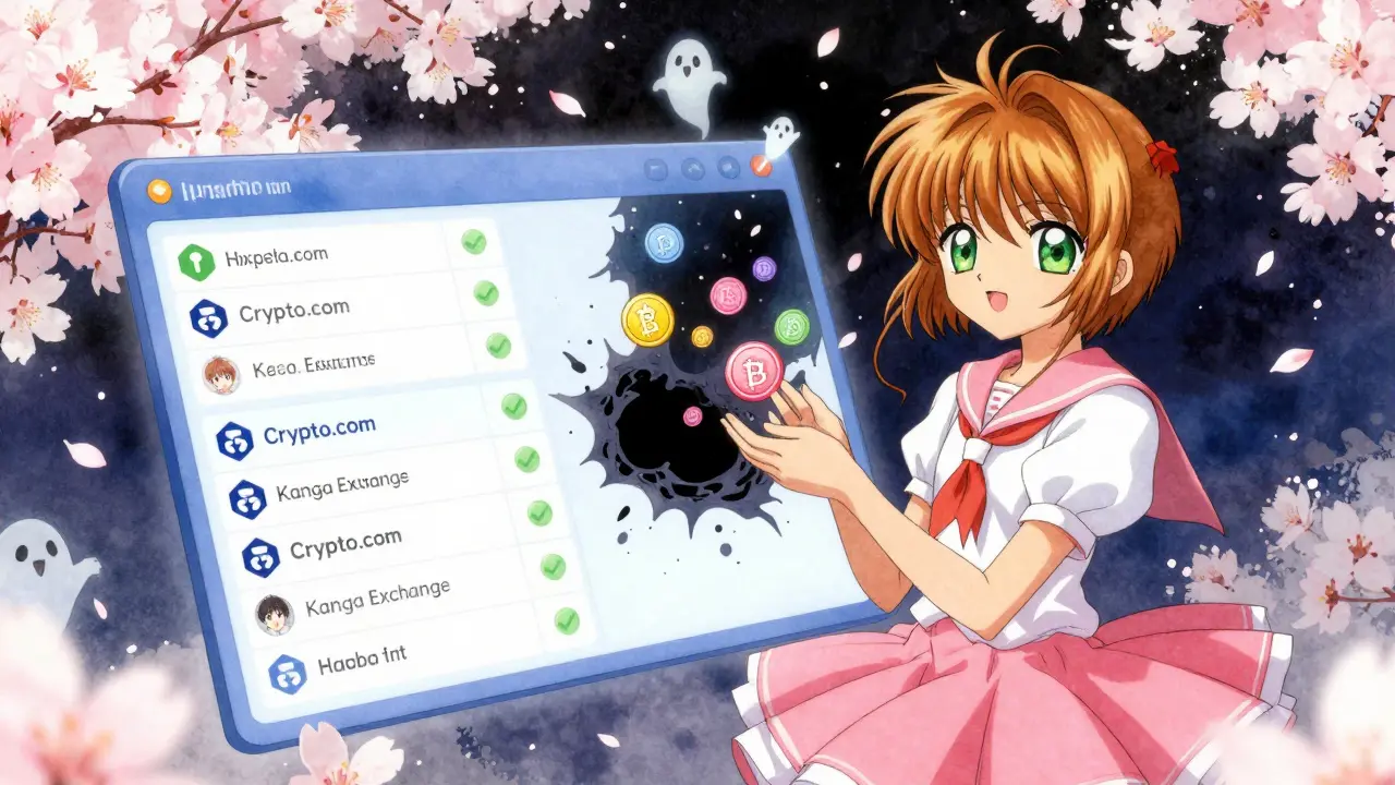 A blockchain screen showing legitimate exchanges with green checks, while a dark hole labeled 'Hashfort' drains crypto tokens into nothingness.