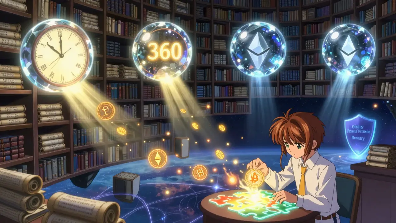 A cosmic library unlocks four glowing orbs of locked NIGHT tokens over 360 days.