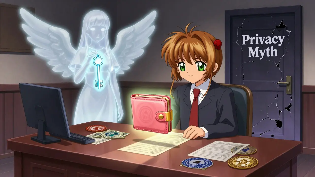 A courtroom scene with a floating crypto wallet casting shadows of seized assets and a compliance key.