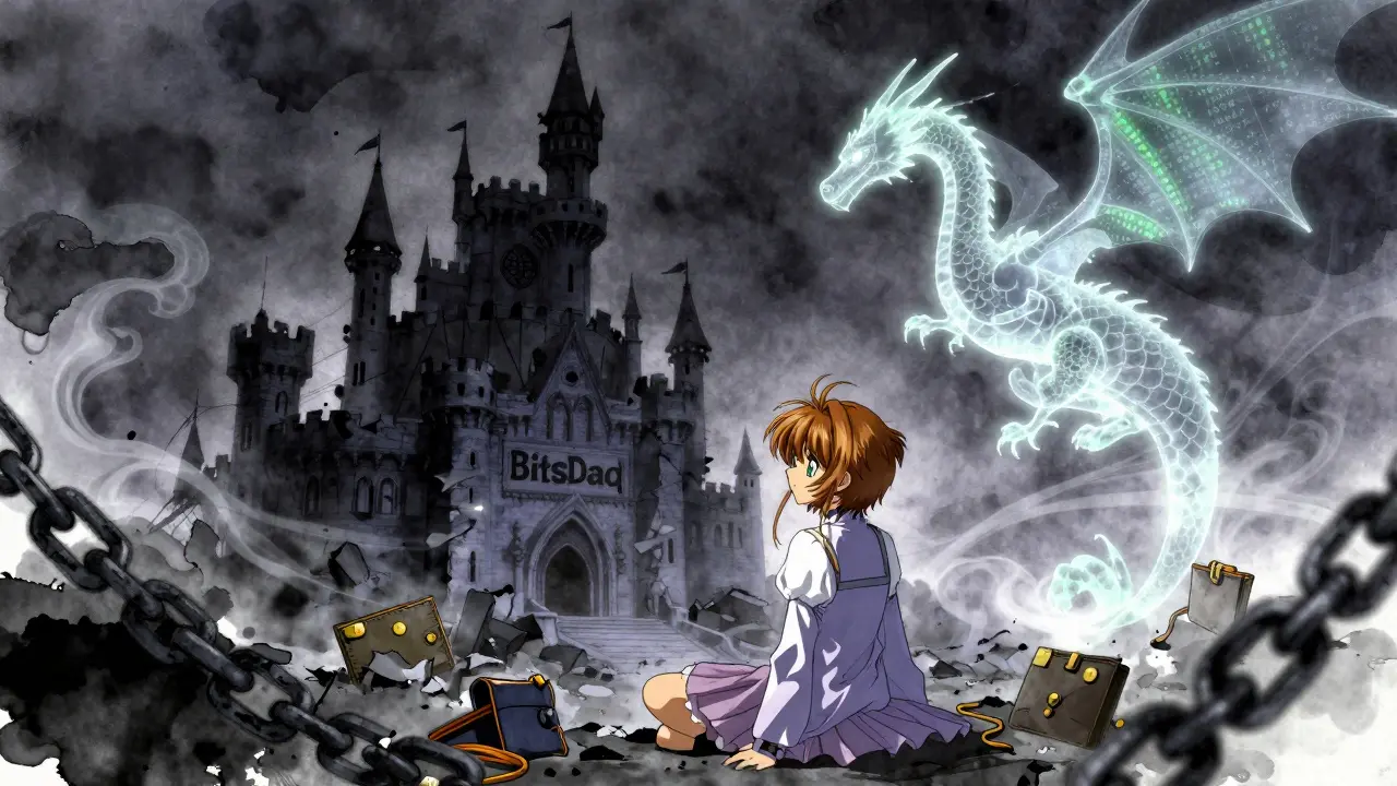 A crumbling Bitsdaq castle is watched by a spectral dragon, surrounded by mist and broken chains.