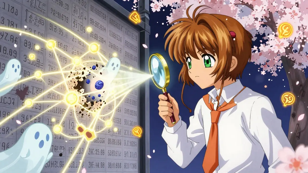 A detective examines interconnected wallet addresses with magical threads, as mixer icons dissolve into dust.