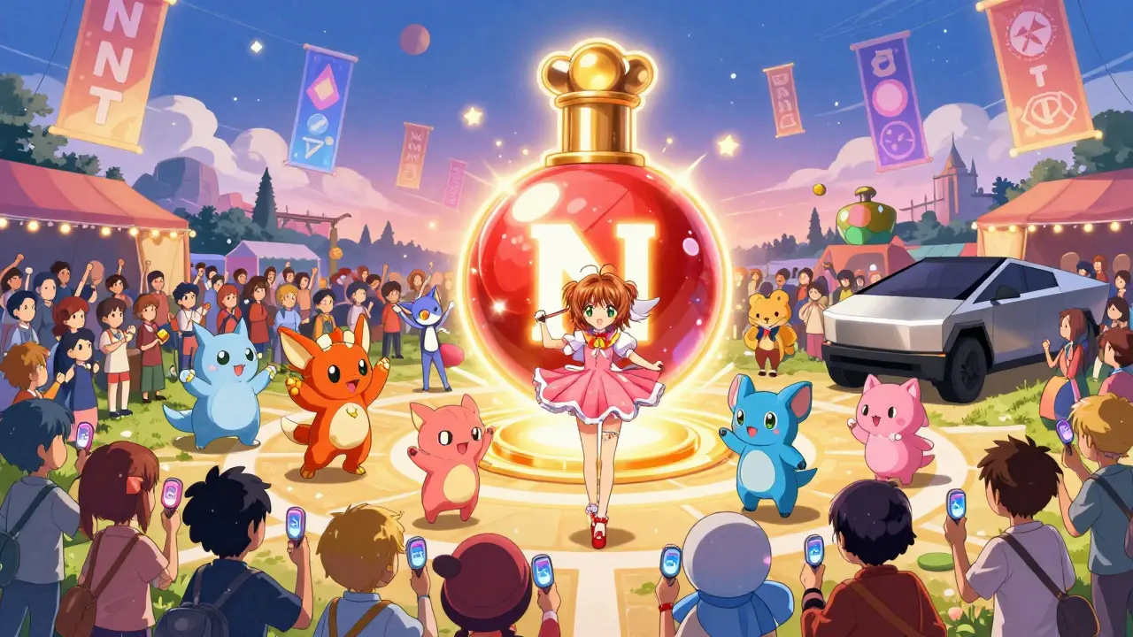 A festival of blockchain projects with Metamon characters and glowing NFT banners in a fantasy digital realm.