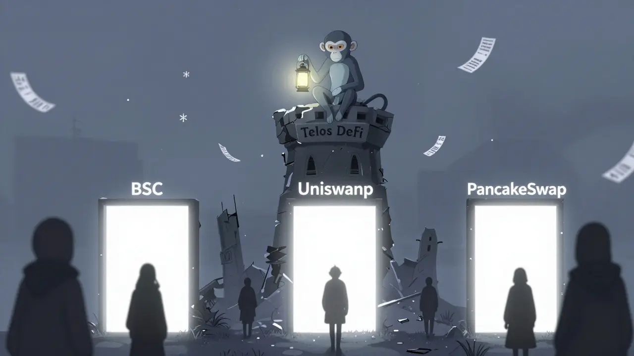 A ghostly ApeSwap monkey sits atop a ruined tower, lantern dark, as users walk away to other chains.