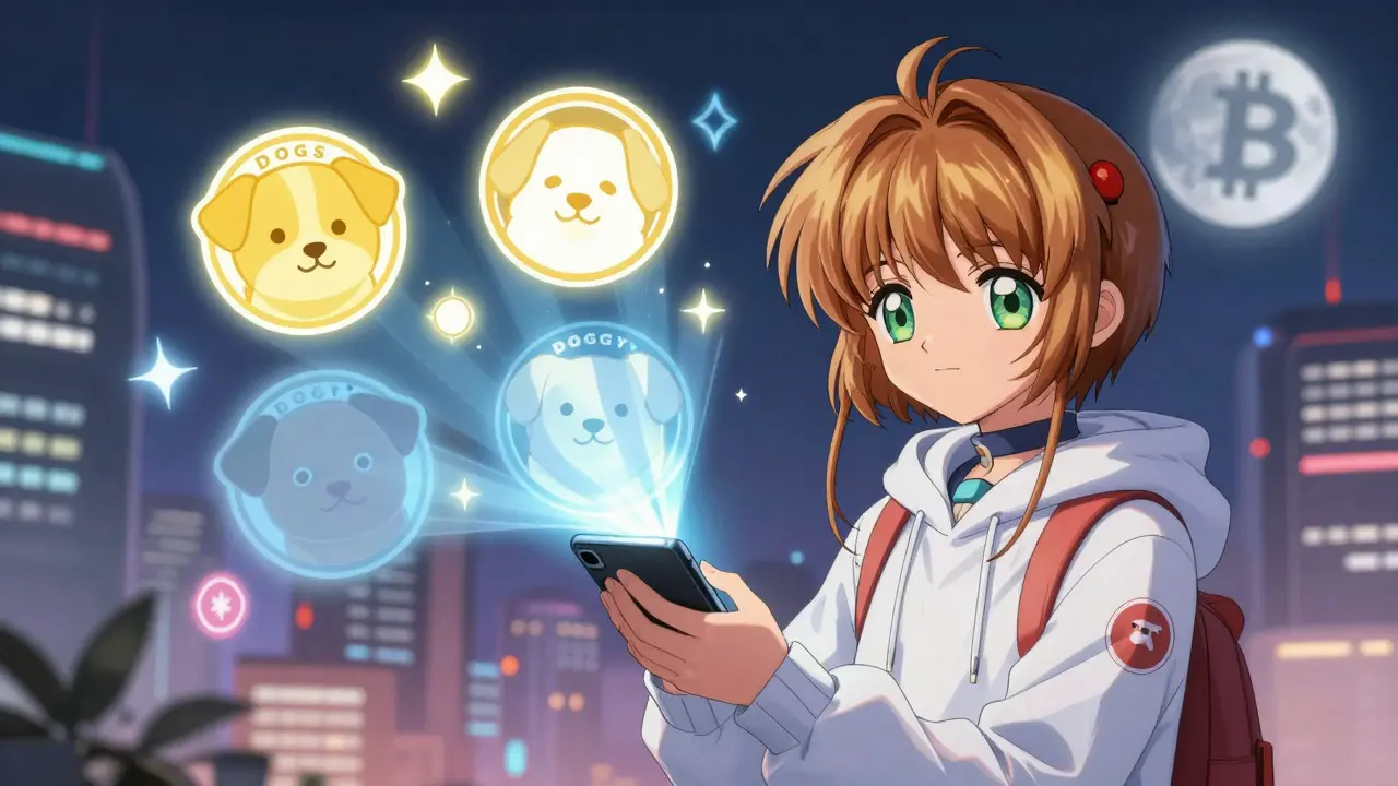 A girl holds a phone projecting three dog crypto logos, with DOGGY fading while others glow brightly.