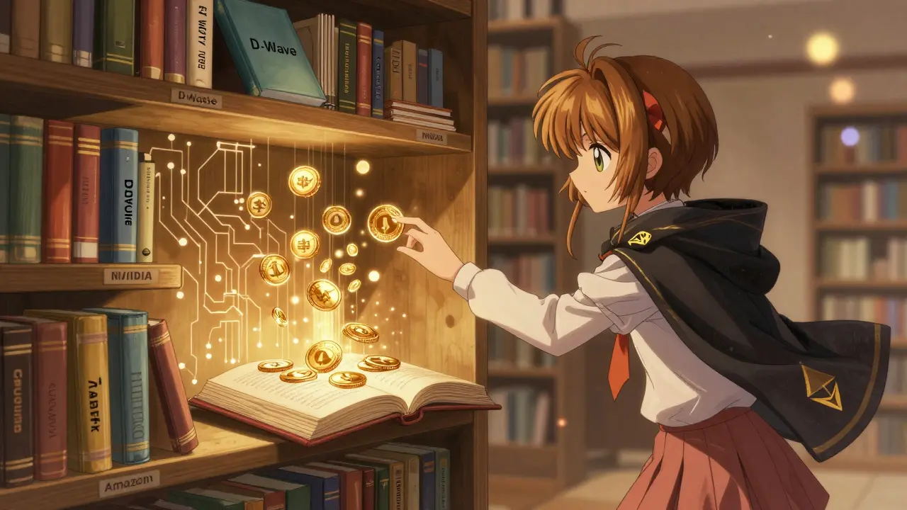 A girl in a school uniform mints a quantum stock token in a magical library made of blockchain books and glowing coins.