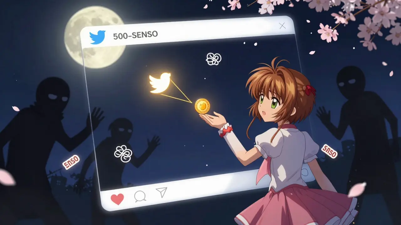 A glowing Twitter retweet icon connects to a tiny SENSO token, while shadowy scam figures reach from the dark.