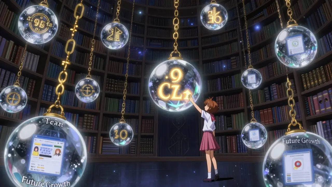 A library of locked CLT tokens, with only a few glowing, as a girl reaches toward a sealed crystal orb.
