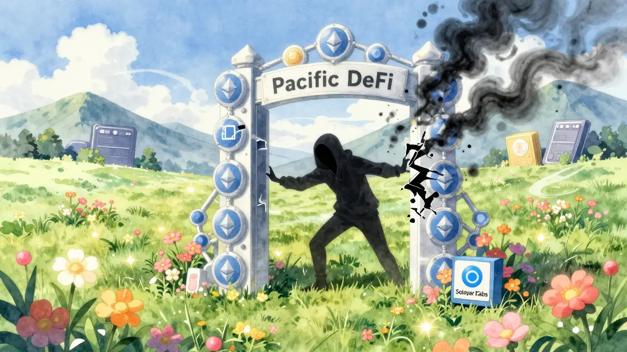 A magical blockchain gate with real airdrop projects blooming as flowers, a shadowy figure forcing open a glitching fake gate.