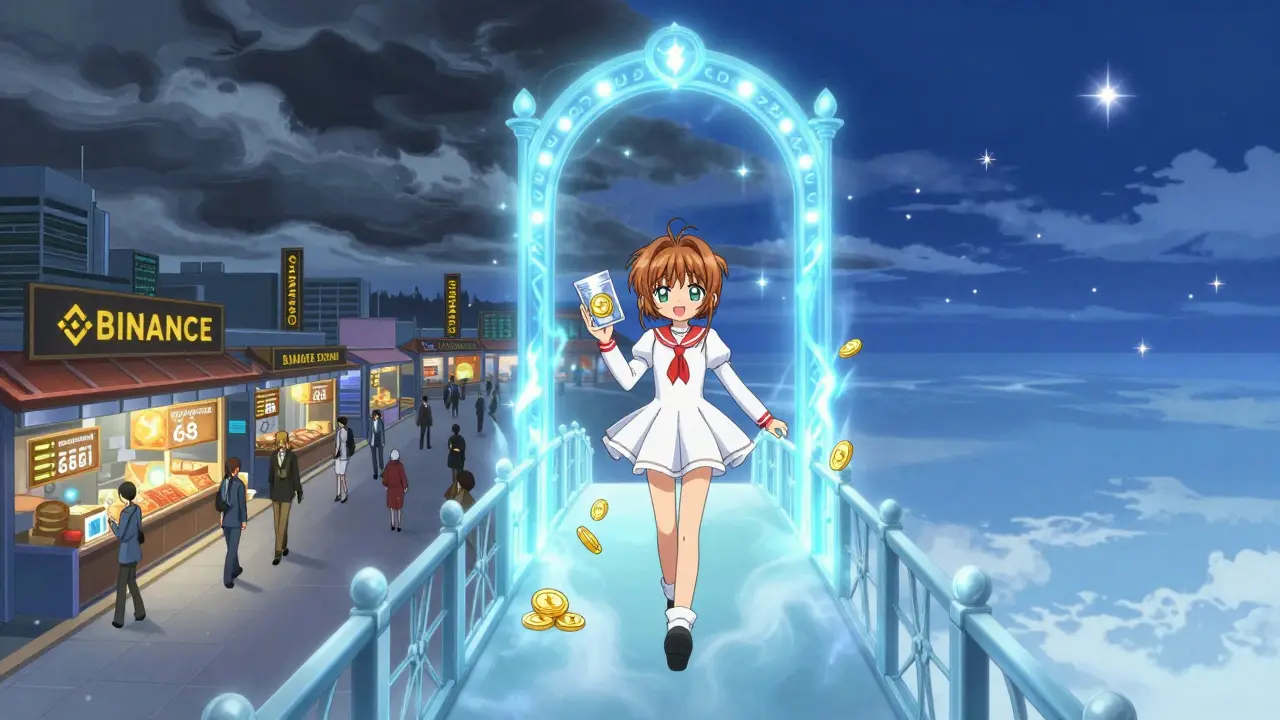 A magical bridge connecting a chaotic high-fee network to a serene zero-fee Linea network with starlight and cherry blossoms.