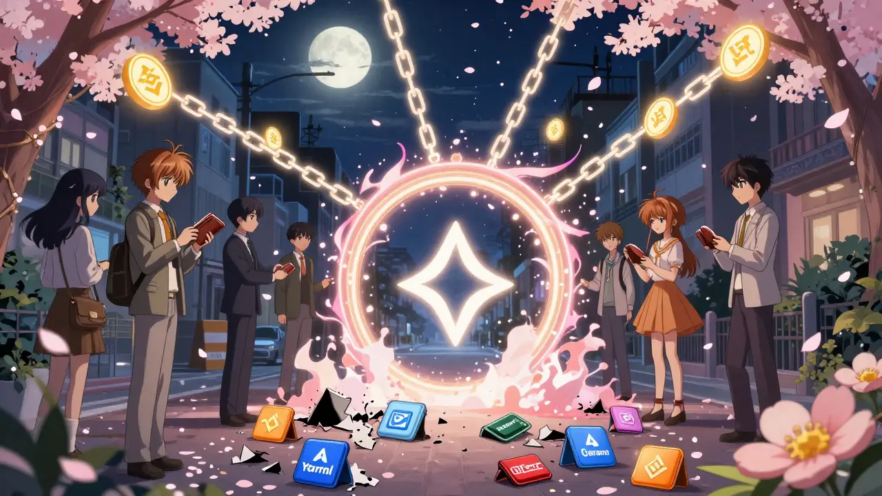 A magical Cardano portal opens in a city as people connect wallets, while exchange logos crumble away.