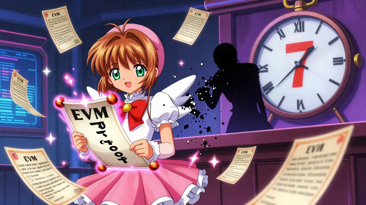 A magical courtroom duel where a hero challenges a fraudulent transaction with glowing EVM proof spells.