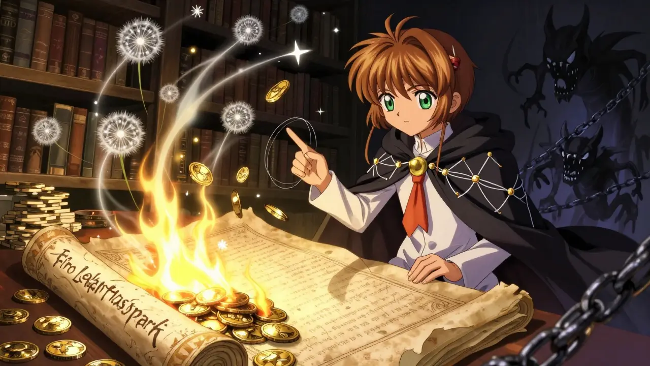 A mystical library where Firo coins burn and reform into clean ones, with IP address winds erasing transaction trails.