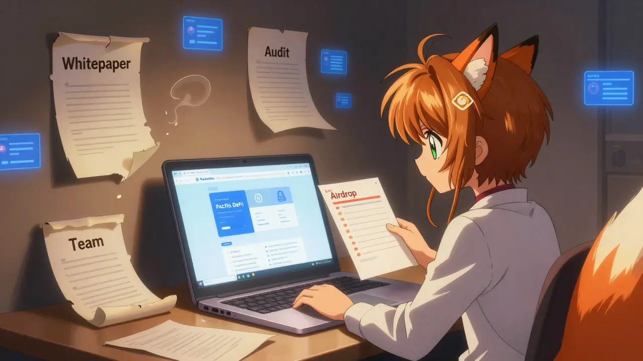 A person at a desk with a fake crypto site, real project checklists held by a fox spirit, crumbling documents turning to ash.
