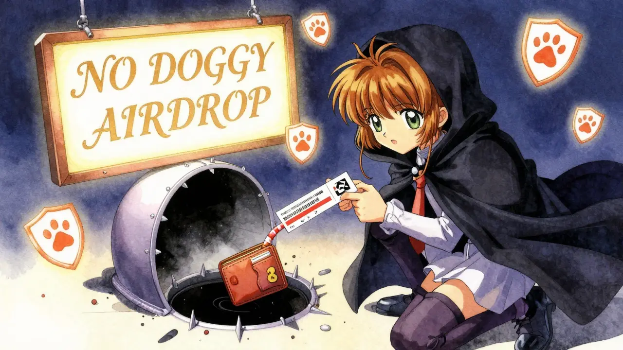 A shadowy figure lures an explorer into a wallet-draining trap as a warning sign glows above.