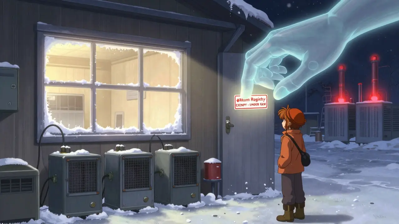 A small home miner's garage with a glowing 'EXEMPT' sticker, warm light against frosty windows and distant warning auras.