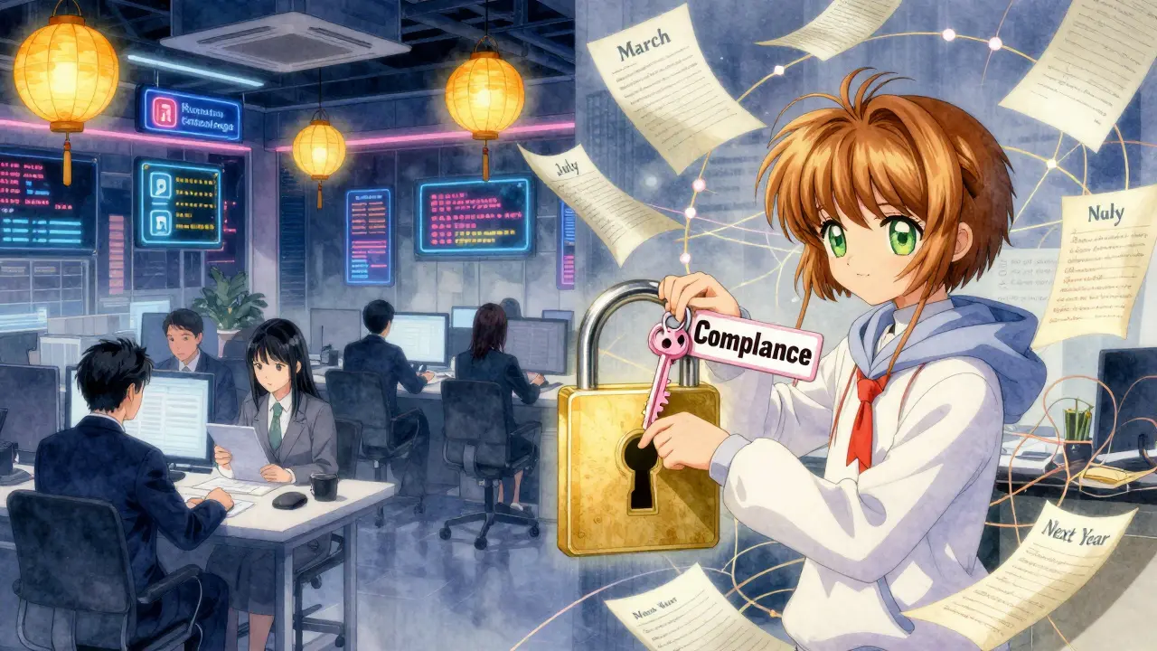 A split scene: calm crypto audit in Hong Kong vs chaotic EU rule timelines in anime style.