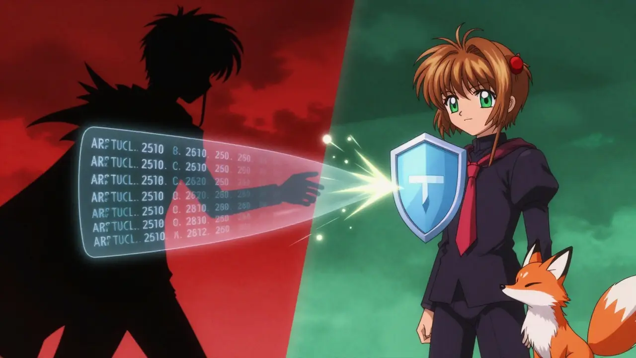 A split scene showing a public Zcash transaction versus a hidden one, with shifting colors and a watching fox spirit.