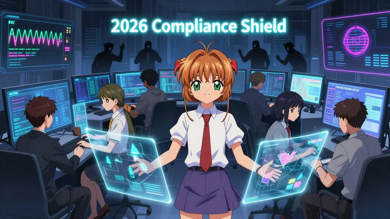 A team of compliance officers managing holographic dashboards under a glowing 2026 Compliance Shield.